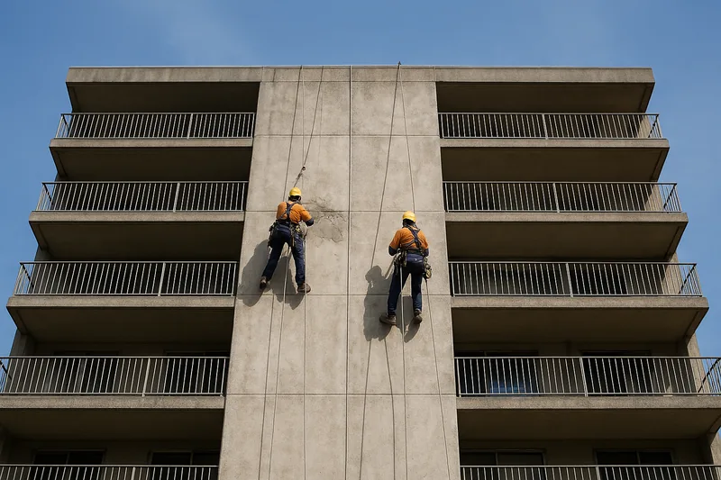 Two workers in helmets and harnesses on ropes, seen from below and behind, against the upper face of a concrete apartment building, with a lighter patch on the wall — body corporate concrete repairs, Brisbane. Illustrative example.