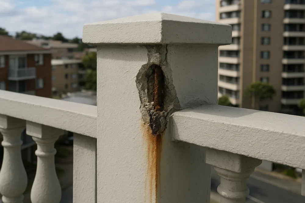 The base of a short concrete balustrade post with the concrete spalled away from one side, a thin rusted bar showing and rust staining running down below it — balcony concrete cancer repair, Brisbane. Illustrative example.
