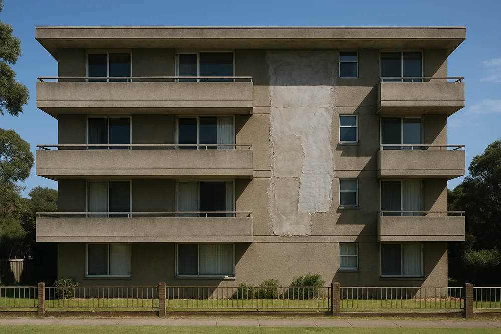 A low-rise concrete flat block with horizontal banding across each level, small balconies and a pale repaired patch down one part of the front — body corporate concrete repairs, Brisbane. Illustrative example.