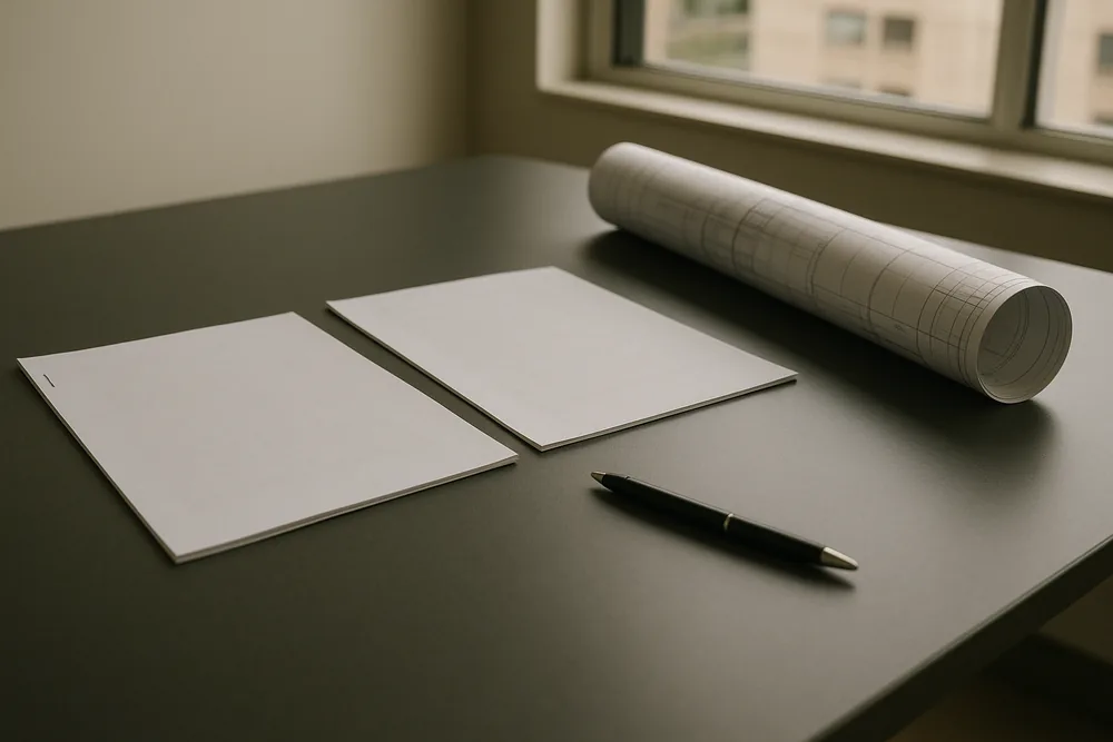 Two printed documents, one stapled, beside a rolled-up building plan and a pen on a dark meeting-room table — body corporate concrete repairs, Brisbane. Illustrative example.