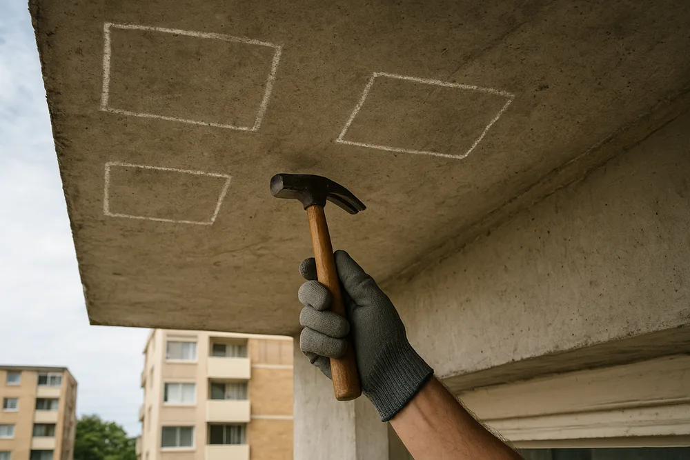 A gloved hand holding a hammer below a concrete balcony soffit that has three squares outlined in chalk — concrete cancer inspection, Brisbane. Illustrative example.