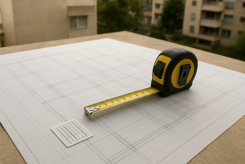 A plan of a concrete floor slab drawn in fine grey lines on a table, with a yellow tape measure and a clear crack gauge card on it — concrete cancer inspection, Brisbane. Illustrative example.