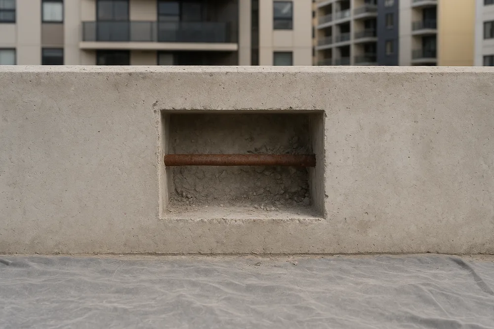 A rectangular recess cut into the edge of a concrete slab down to one rusted reinforcing bar, with grey dust sheeting laid on the floor below — concrete cancer repair, Brisbane. Illustrative example.