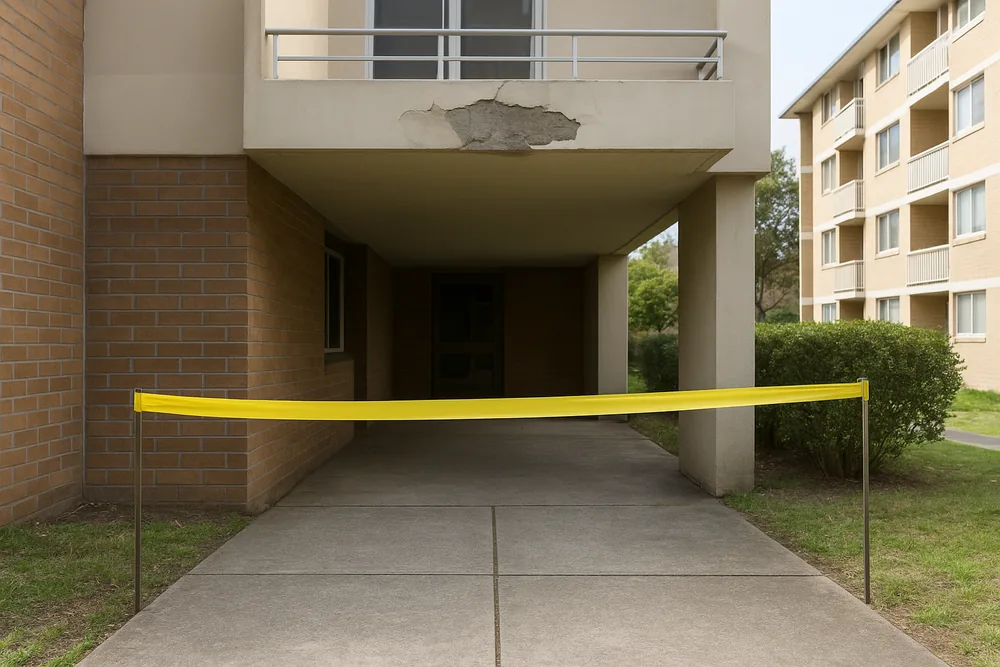 Plain yellow tape strung between two stakes across a paved walkway beneath a balcony soffit that has a patch of concrete missing above — spalling and exposed reinforcement, Brisbane. Illustrative example.