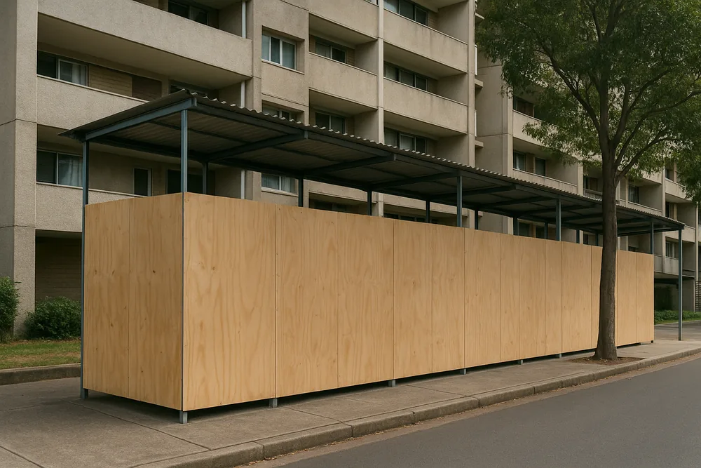 A plywood hoarding panel with a covered walkway roof along a footpath beside a mid-rise concrete apartment building — spalling and exposed reinforcement, Brisbane. Illustrative example.