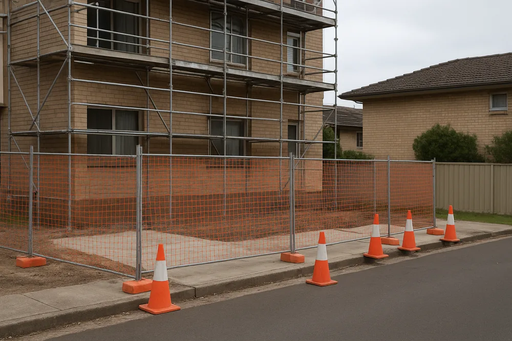 A stretch of footpath beside the kerb marked off with temporary mesh fencing and orange traffic cones in front of a brick flat building with scaffold on it — spalling and exposed reinforcement, Brisbane. Illustrative example.